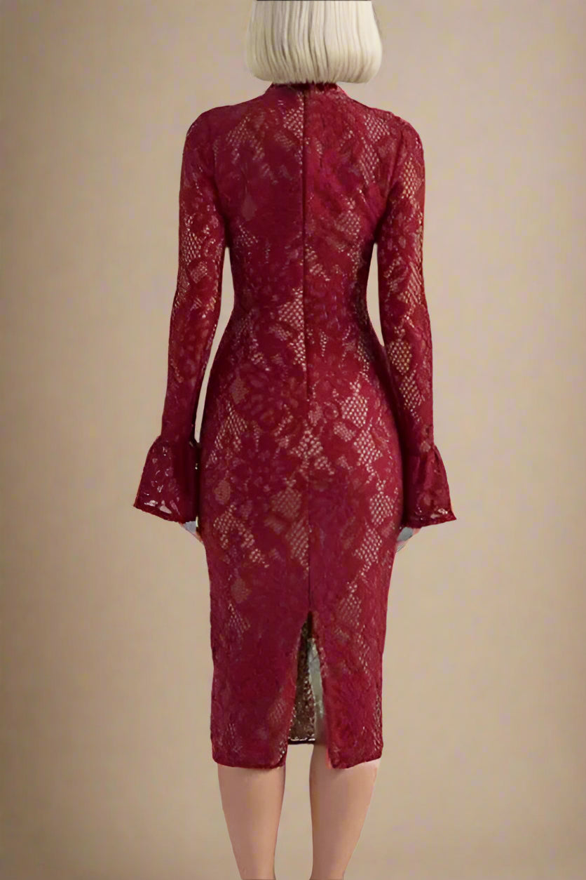 Woman wearing a figure flattering Charlotte Long Sleeve Bodycon Midi Dress - Chilli Red BODYCON COLLECTION