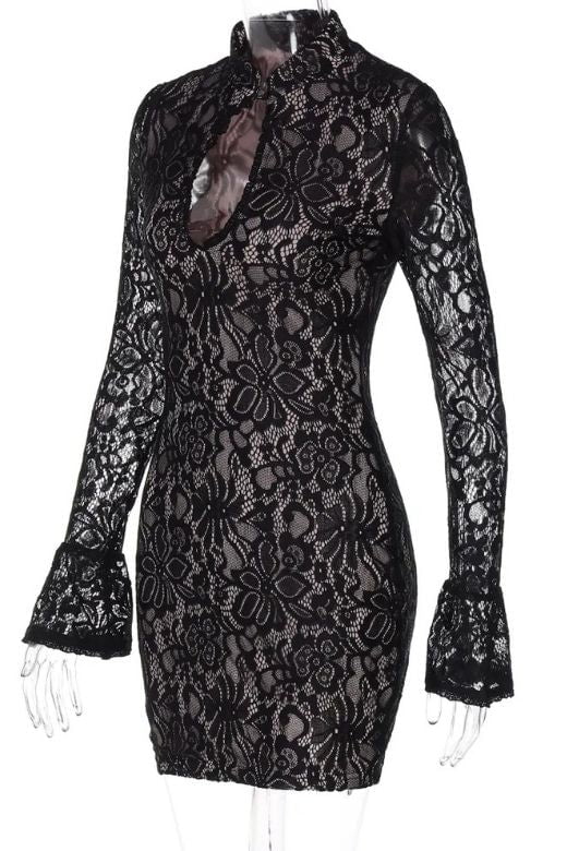 Woman wearing a figure flattering Charlotte Long Sleeve Bodycon Mini Dress - Classic Black BODYCON COLLECTION