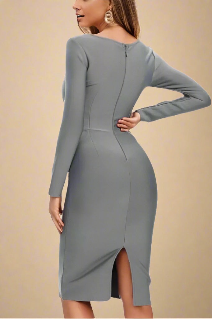 Woman wearing a figure flattering Cia Long Sleeve Bandage Dress - Steel Grey BODYCON COLLECTION