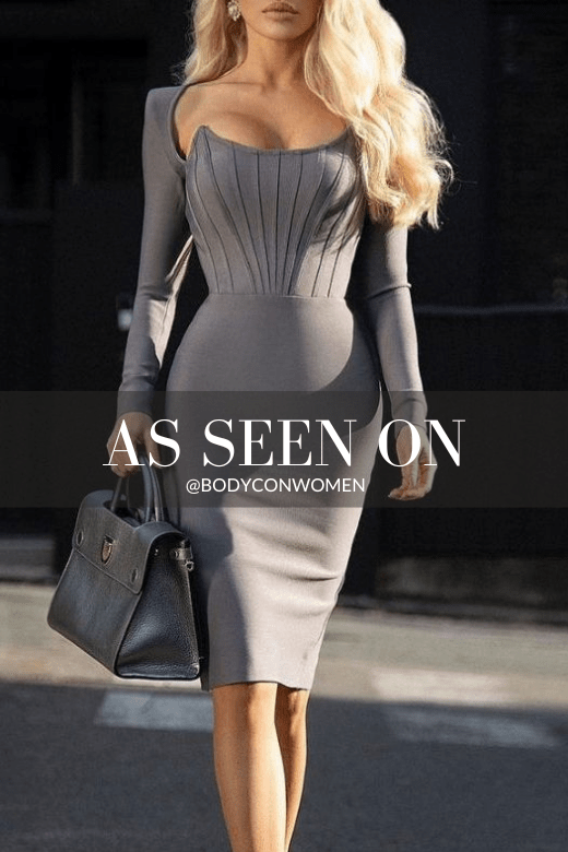 Woman wearing a figure flattering Cia Long Sleeve Bandage Dress - Steel Grey BODYCON COLLECTION
