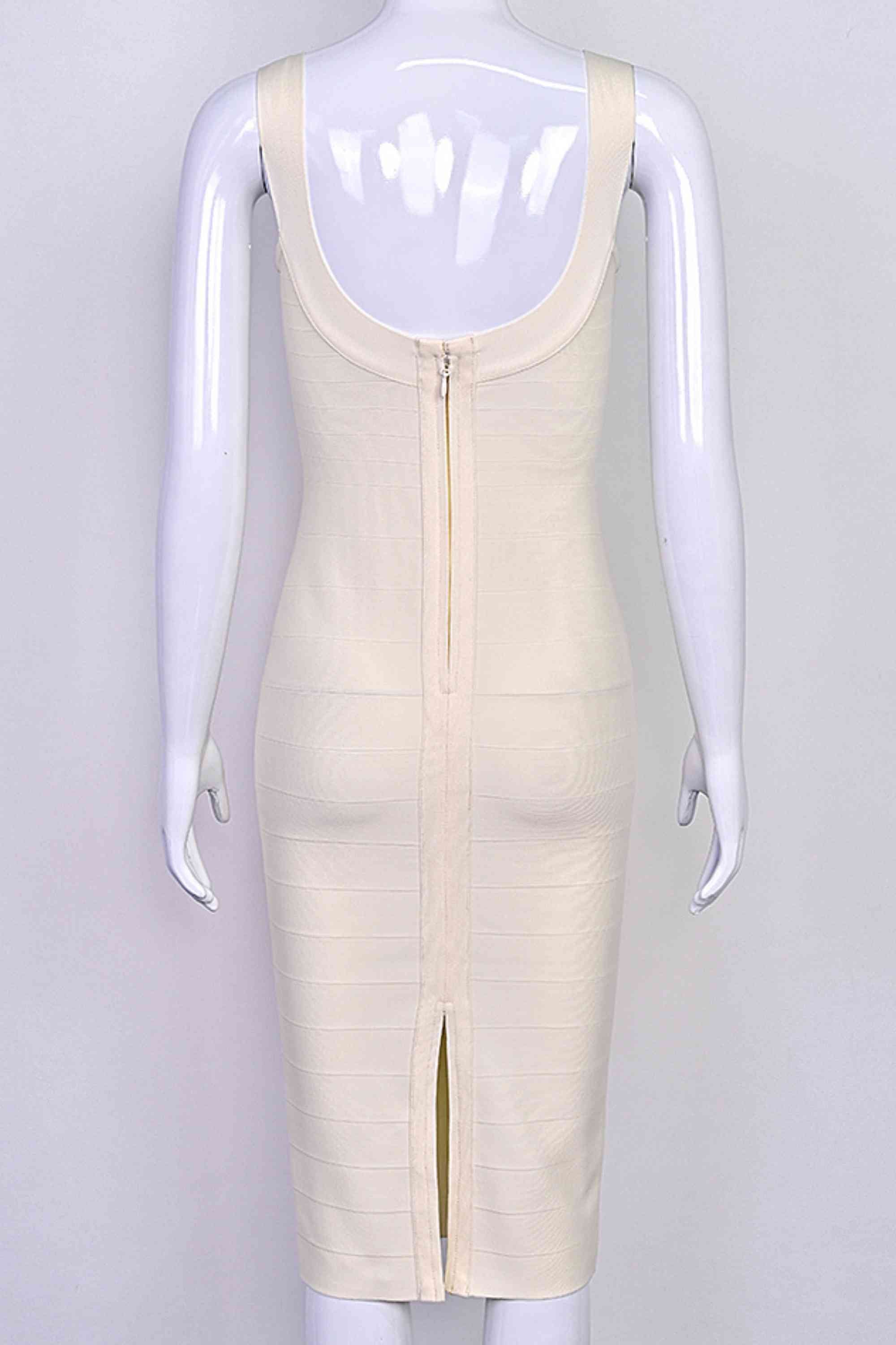 Woman wearing a figure flattering Cindy Bandage Midi Dress - Cream BODYCON COLLECTION Pty Ltd