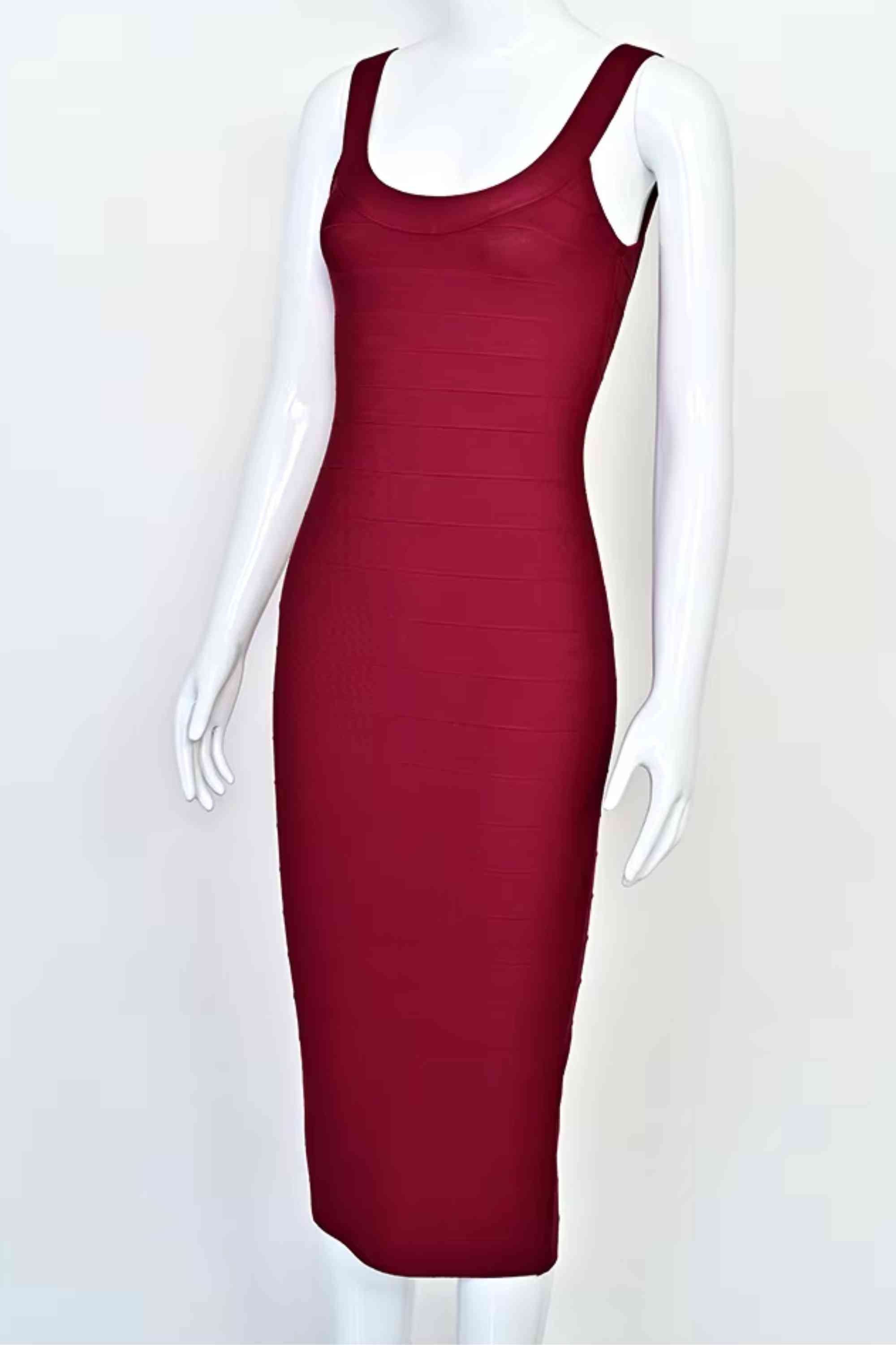 Woman wearing a figure flattering Cindy Bandage Midi Dress - Red Wine BODYCON COLLECTION Pty Ltd
