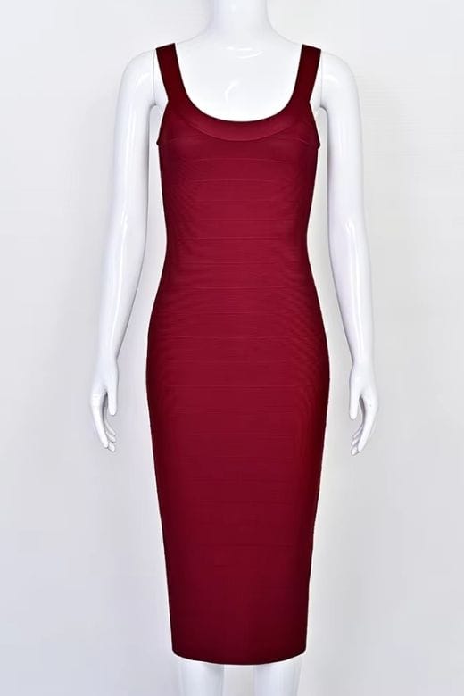 Woman wearing a figure flattering Cindy Bandage Midi Dress - Red Wine BODYCON COLLECTION Pty Ltd