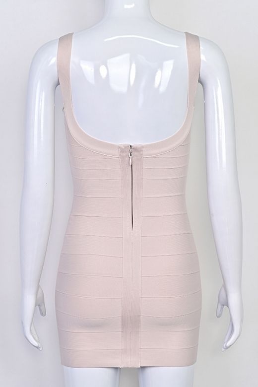 Woman wearing a figure flattering Cindy Bandage Mini Dress - Beige BODYCON COLLECTION Pty Ltd