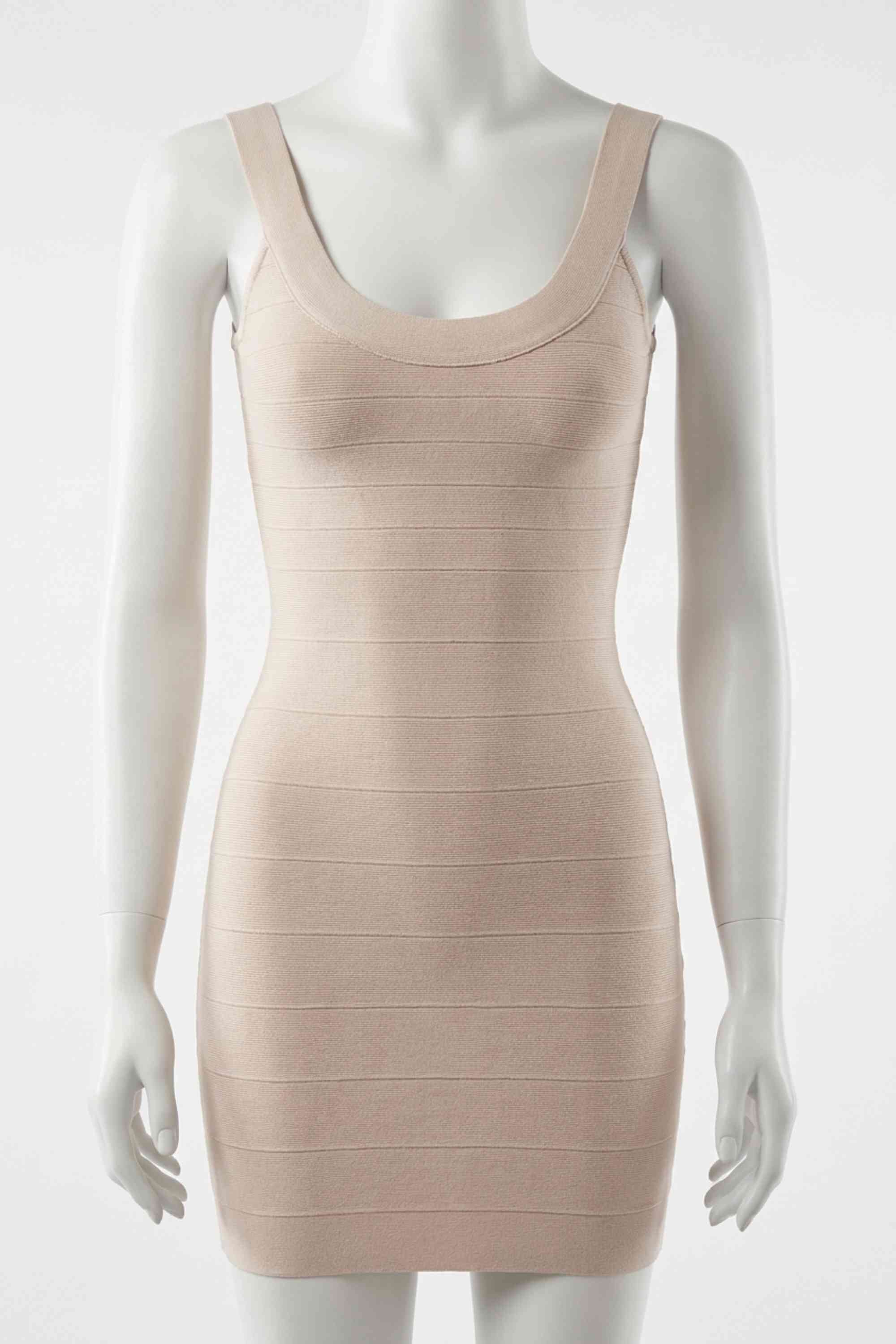 Woman wearing a figure flattering Cindy Bandage Mini Dress - Beige BODYCON COLLECTION Pty Ltd