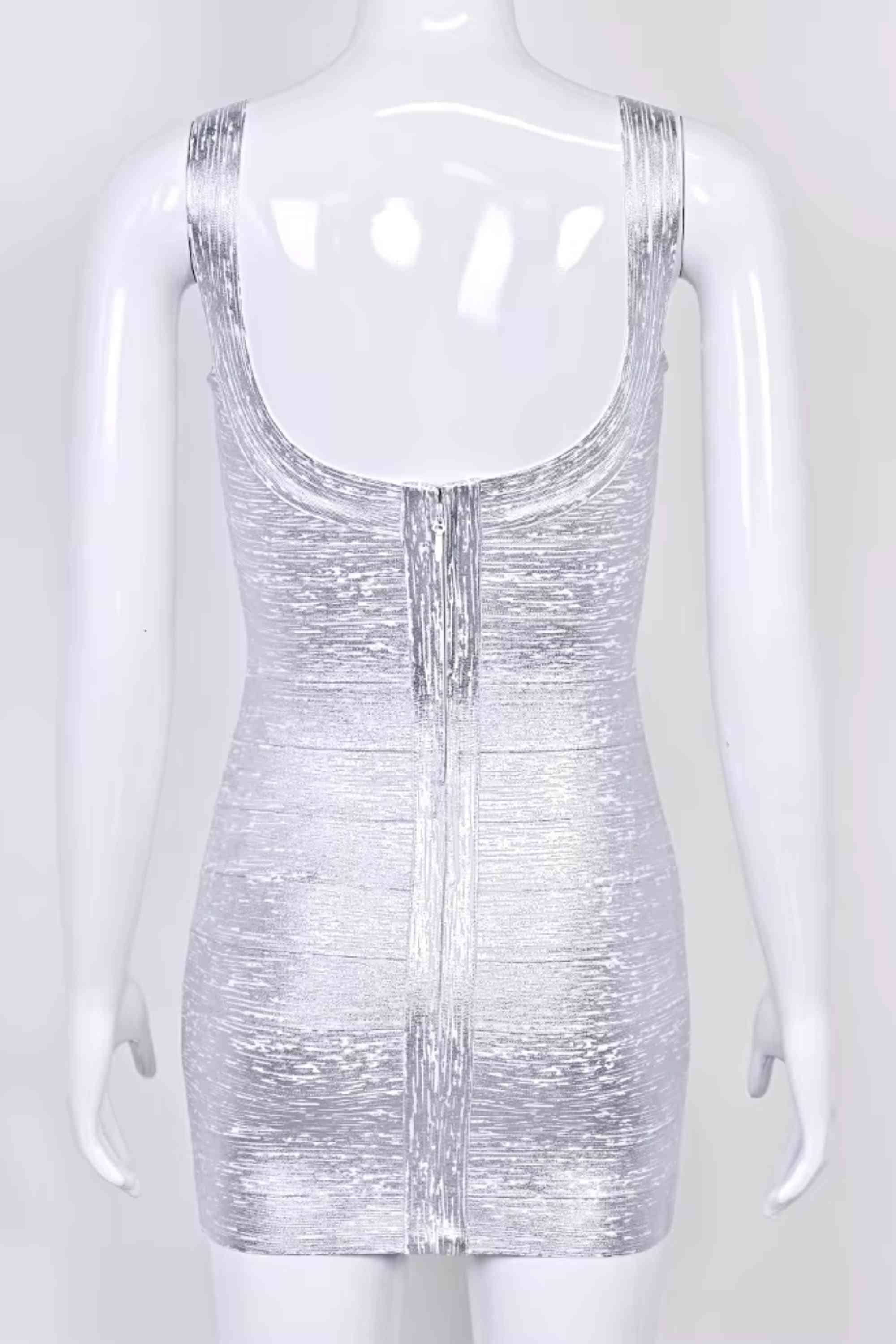 Woman wearing a figure flattering Cindy Bandage Mini Dress - Silver BODYCON COLLECTION Pty Ltd