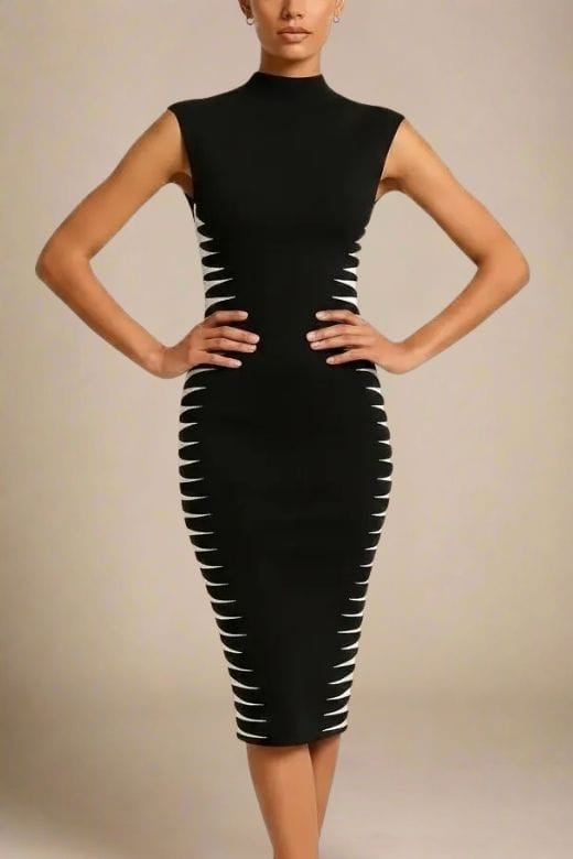 Woman wearing a figure flattering Cleo Bandage Midi Dress - Classic Black BODYCON COLLECTION Pty Ltd