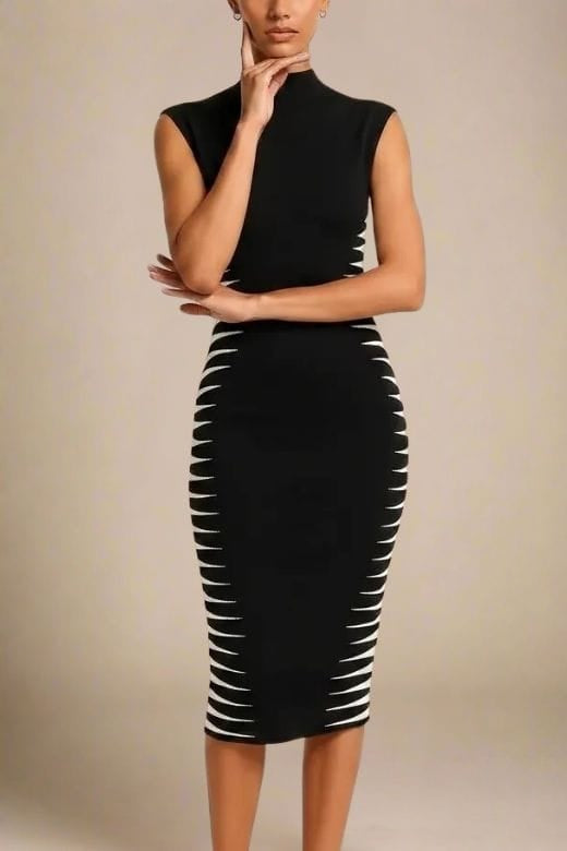 Woman wearing a figure flattering Cleo Bandage Midi Dress - Classic Black BODYCON COLLECTION Pty Ltd