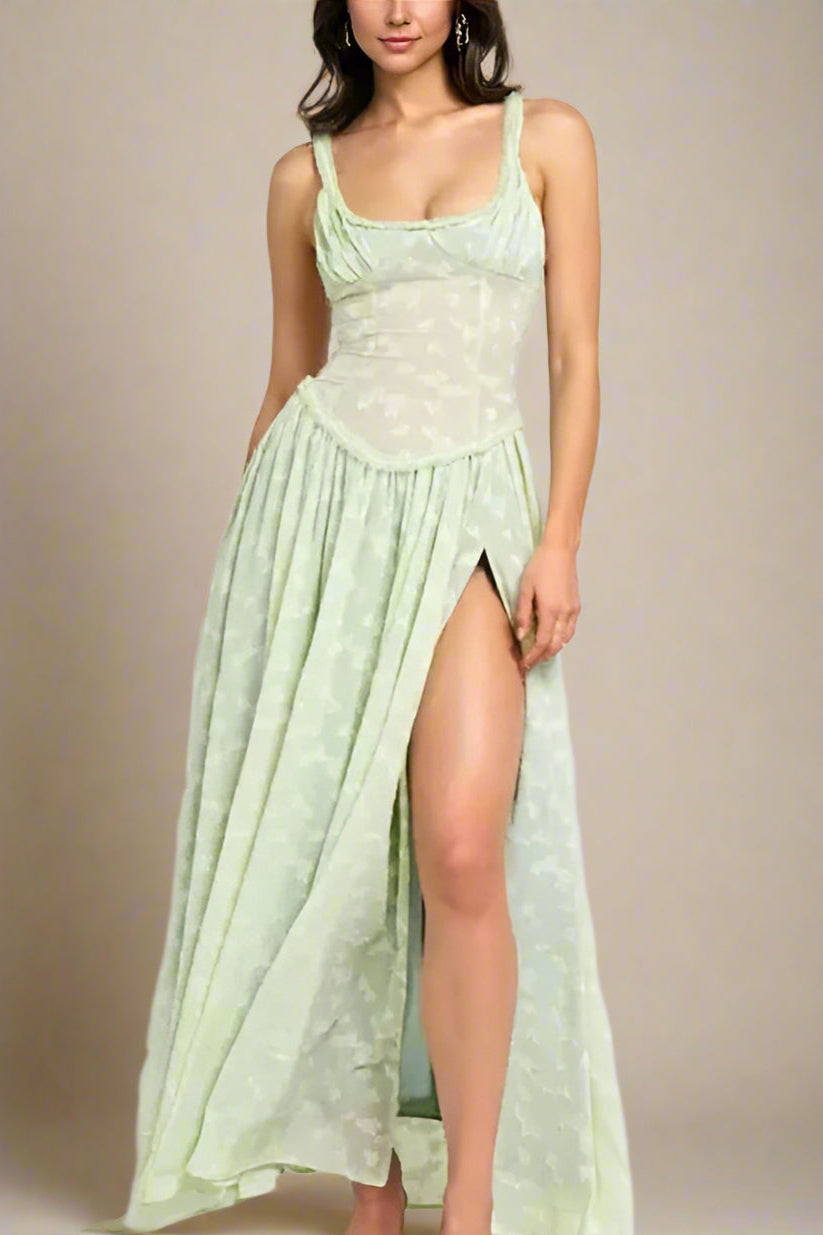 Woman wearing a figure flattering Collins Bodycon Maxi Dress - Gin Green BODYCON COLLECTION