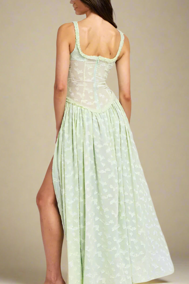 Woman wearing a figure flattering Collins Bodycon Maxi Dress - Gin Green BODYCON COLLECTION