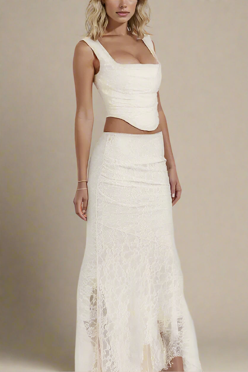 Woman wearing a figure flattering Darling Wrap Top and Maxi Skirt Outfit Set - Ivory BODYCON COLLECTION