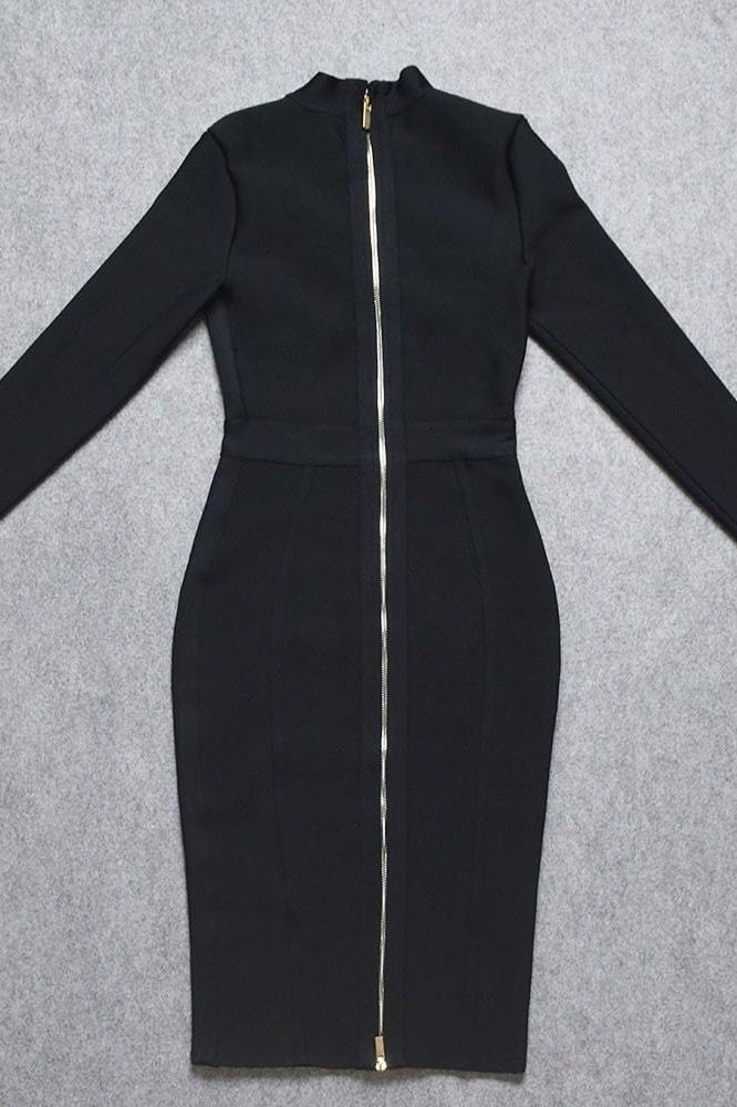 Woman wearing a figure flattering  Dee Long Sleeve Bandage Dress - Classic Black BODYCON COLLECTION