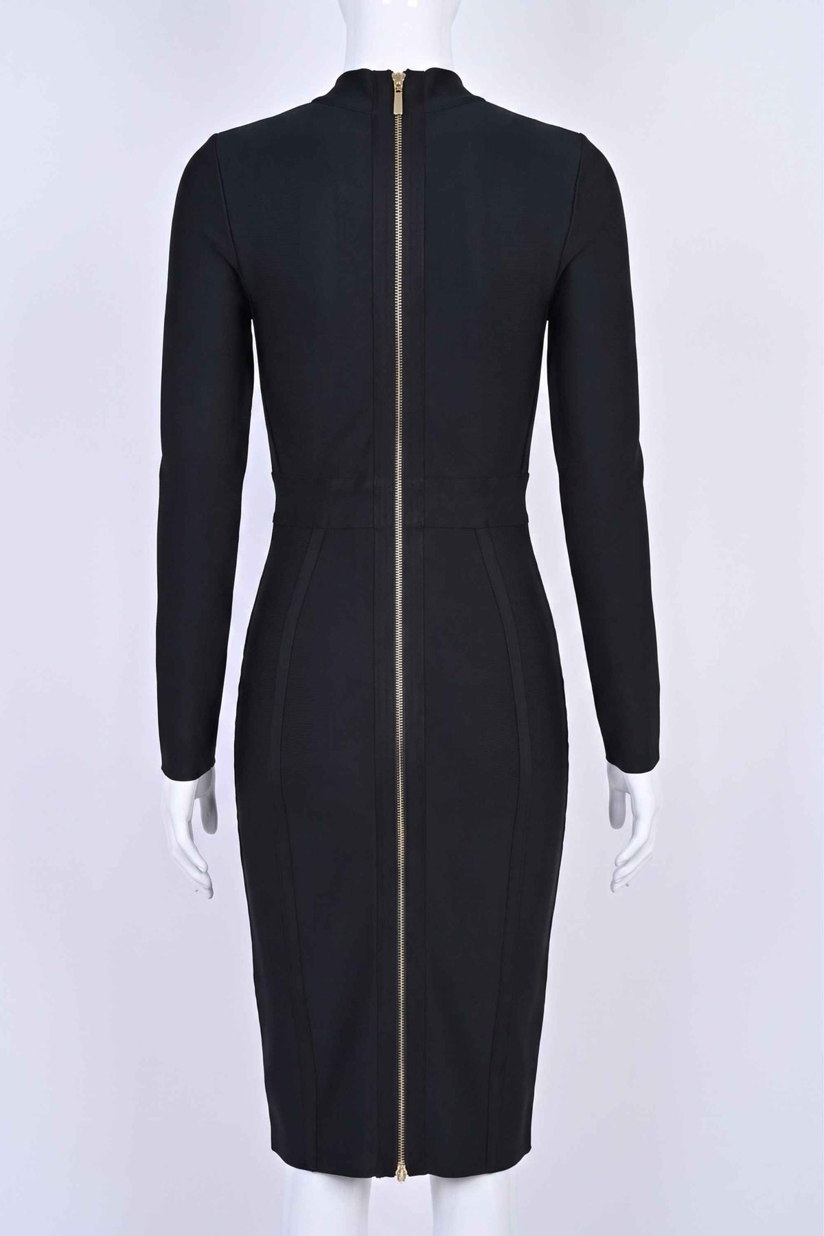 Woman wearing a figure flattering Dee Long Sleeve Bandage Dress - Classic Black BODYCON COLLECTION