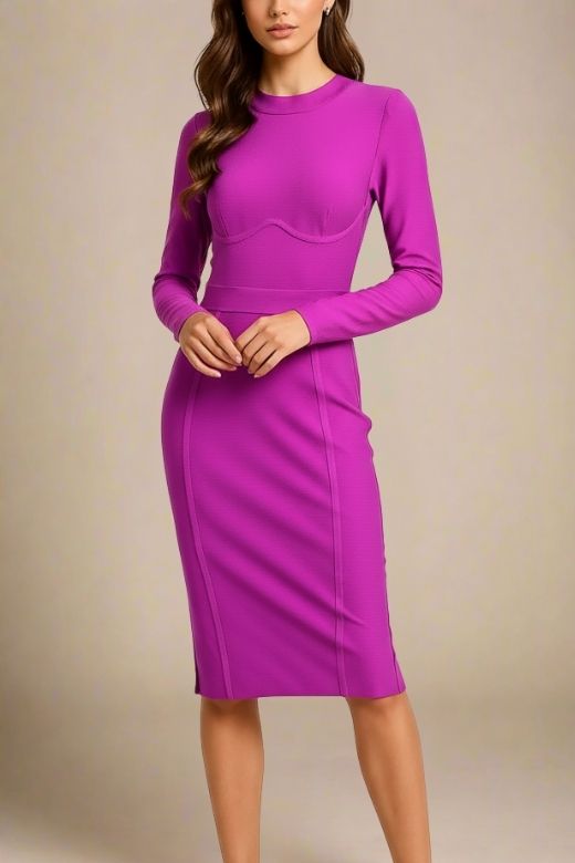 Woman wearing a figure flattering  Dee Long Sleeve Bandage Dress - Neon Purple BODYCON COLLECTION