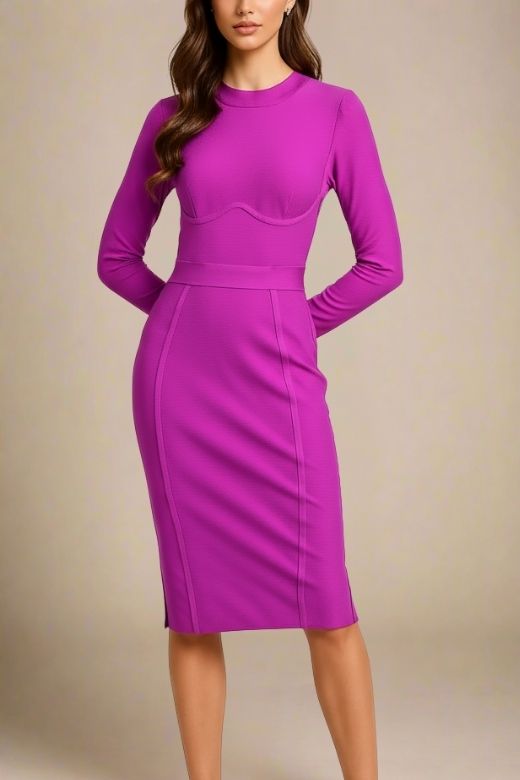 Woman wearing a figure flattering Dee Long Sleeve Bandage Dress - Neon Purple BODYCON COLLECTION
