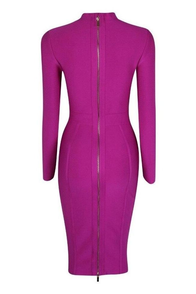 Woman wearing a figure flattering Dee Long Sleeve Bandage Dress - Neon Purple BODYCON COLLECTION