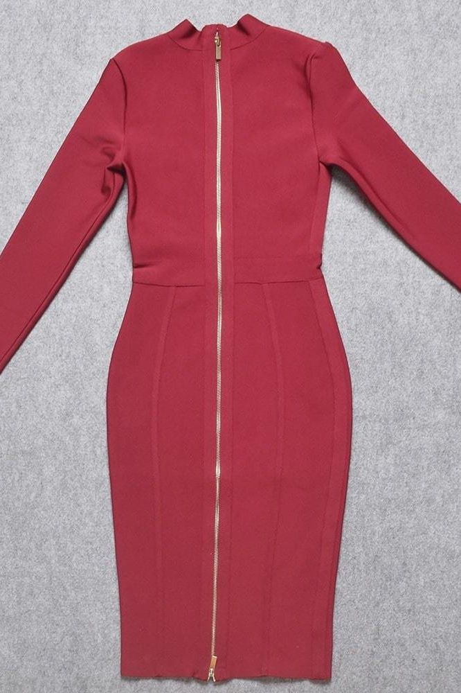 Woman wearing a figure flattering Dee Long Sleeve Bandage Dress - Red Wine BODYCON COLLECTION