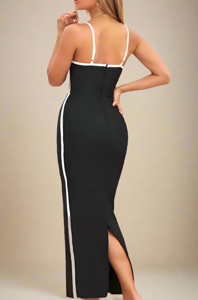 Woman wearing a figure flattering  Dianne Bandage Maxi Dress - Classic Black BODYCON COLLECTION
