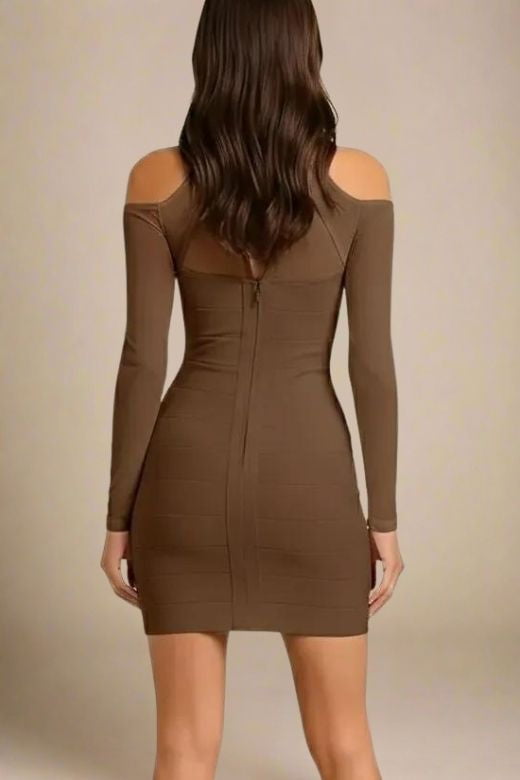 Woman wearing a figure flattering Dovie Long Sleeve Bandage Mini Dress - Coffee Brown BODYCON COLLECTION Pty Ltd