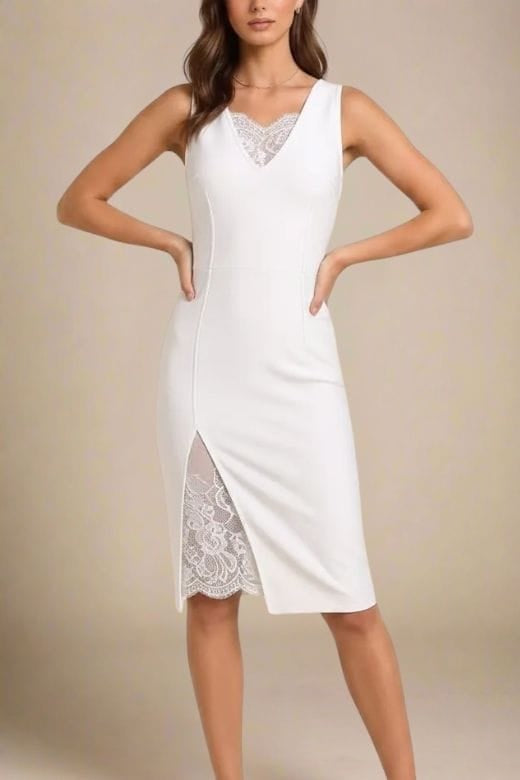 Woman wearing a figure flattering Elsa Bodycon Dress - White Pearl BODYCON COLLECTION Pty Ltd