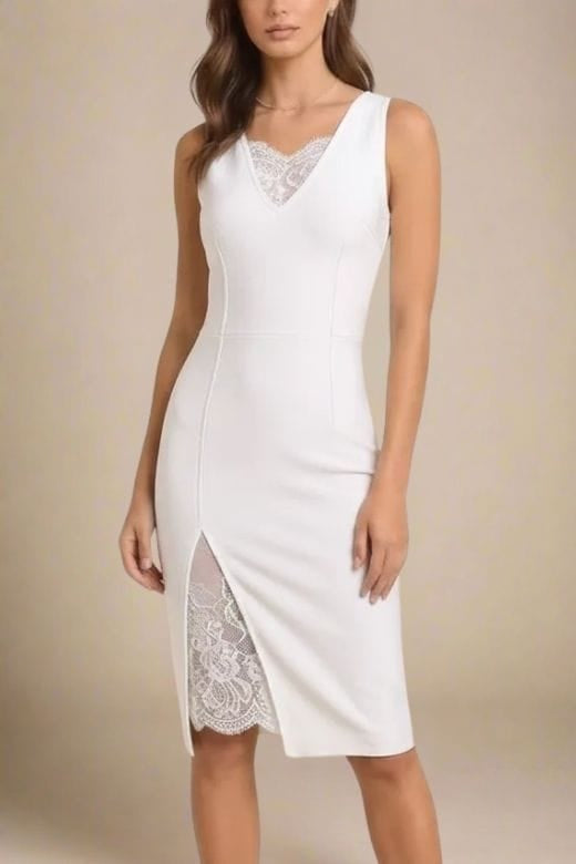 Woman wearing a figure flattering Elsa Bodycon Dress - White Pearl BODYCON COLLECTION Pty Ltd