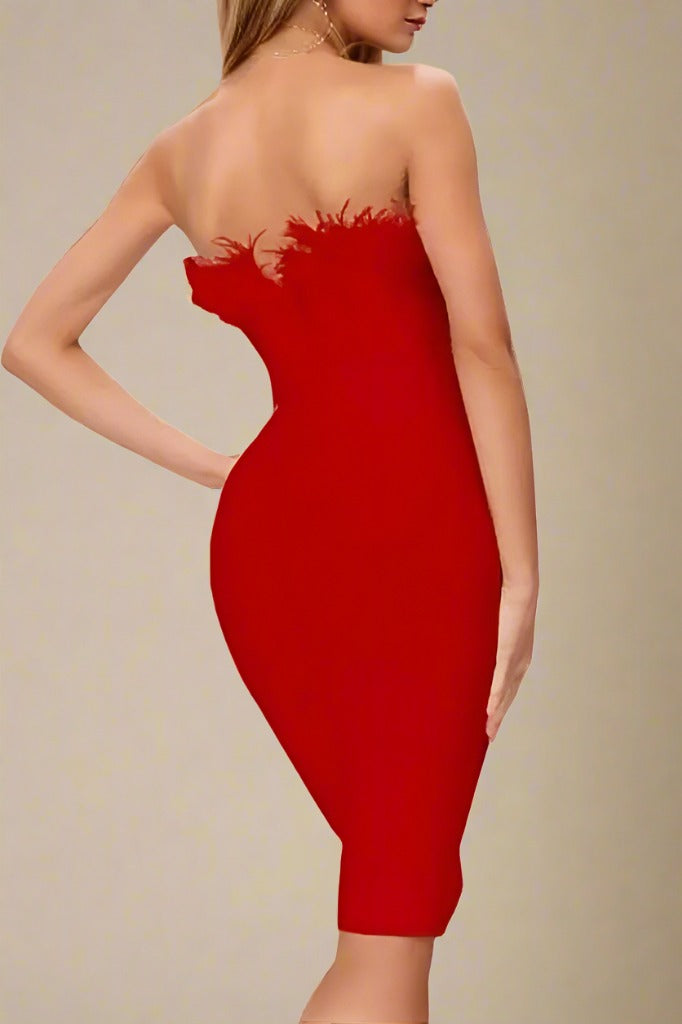Woman wearing a figure flattering  Erin Bandage Dress - Lipstick Red BODYCON COLLECTION