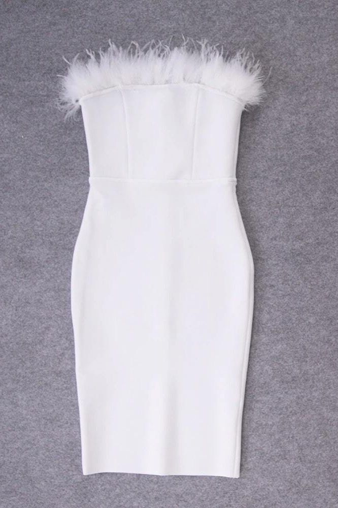 Woman wearing a figure flattering Erin Bandage Dress - Pearl White BODYCON COLLECTION