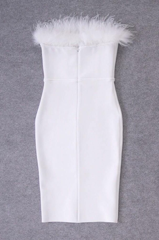 Woman wearing a figure flattering Erin Bandage Dress - Pearl White BODYCON COLLECTION