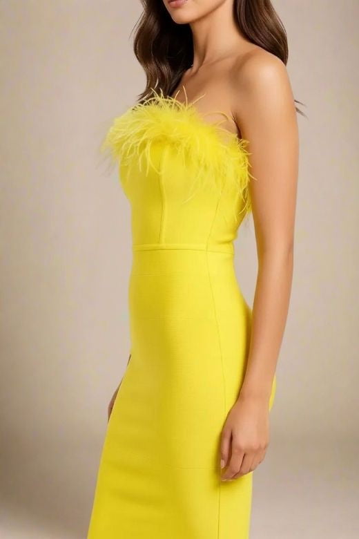 Woman wearing a figure flattering Erin Bandage Dress - Sun Yellow BODYCON COLLECTION