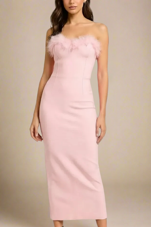 Woman wearing a figure flattering Erin Bodycon Maxi Dress - Dusty Pink BODYCON COLLECTION