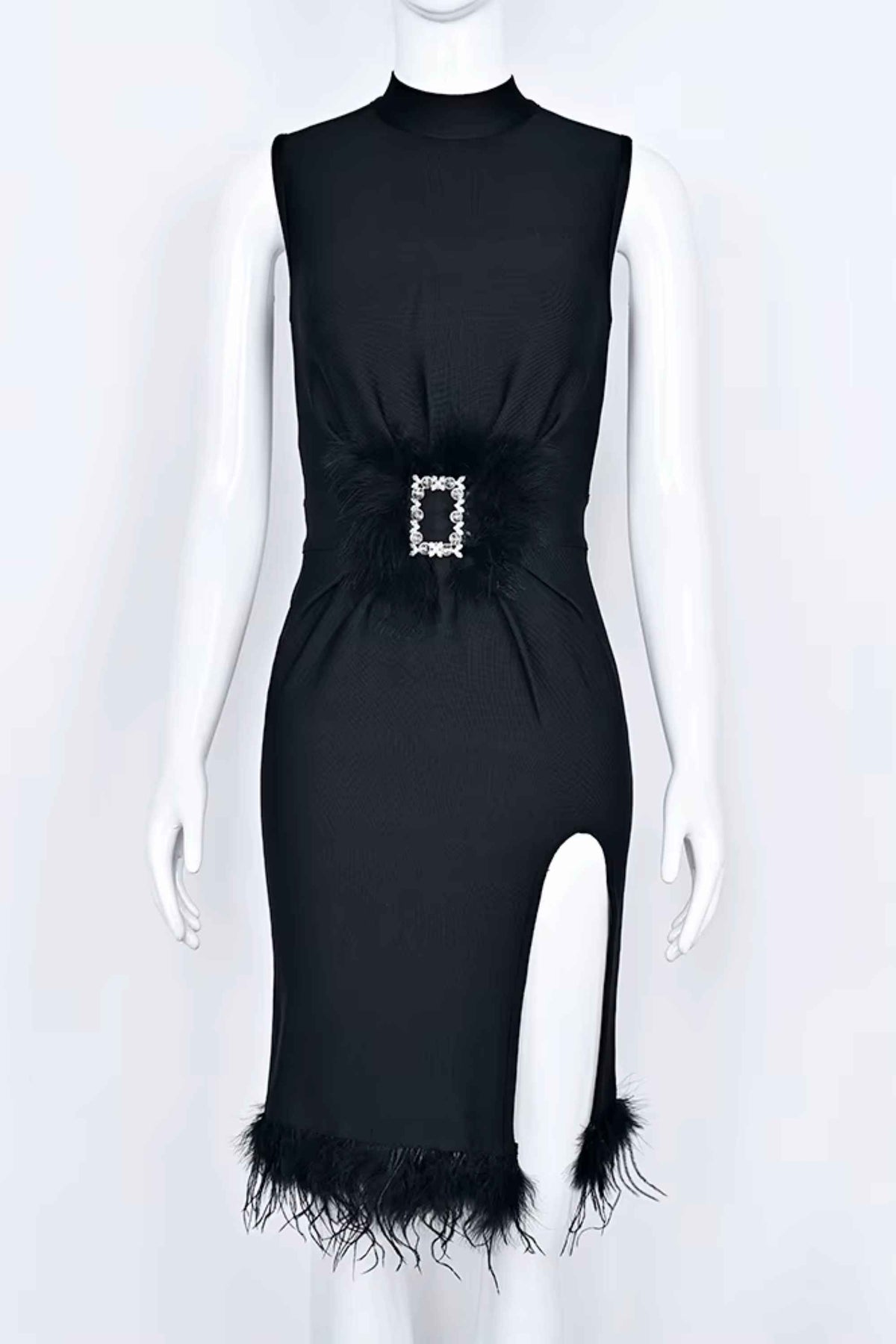 Woman wearing a figure flattering Erin High Neck Bandage Dress - Classic Black BODYCON COLLECTION