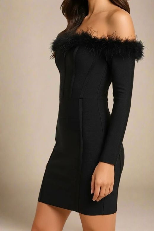 Woman wearing a figure flattering Erin Long Sleeve Bandage Mini Dress - Classic Black BODYCON COLLECTION