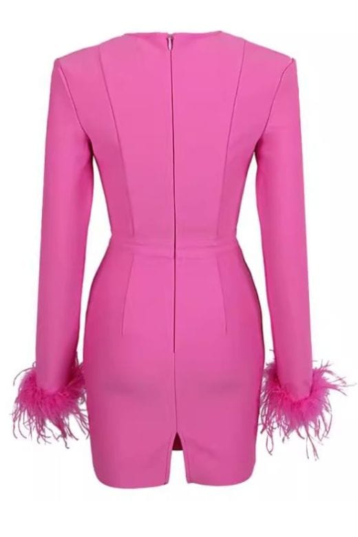 Woman wearing a figure flattering Erin Long Sleeve Mini Dress - Hot Pink BODYCON COLLECTION