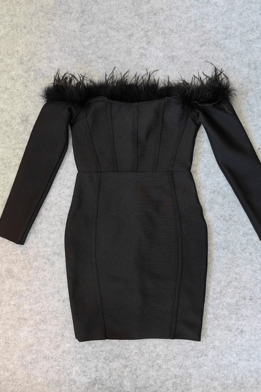 Woman wearing a figure flattering Erin Long Sleeve Off Shoulder Bodycon Mini Dress - Classic Black BODYCON COLLECTION