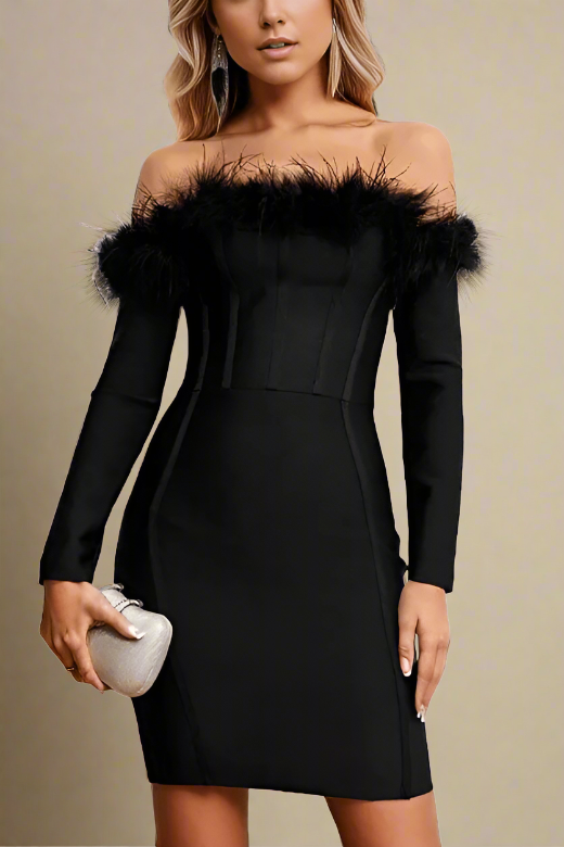 Woman wearing a figure flattering Erin Long Sleeve Off Shoulder Bodycon Mini Dress - Classic Black BODYCON COLLECTION
