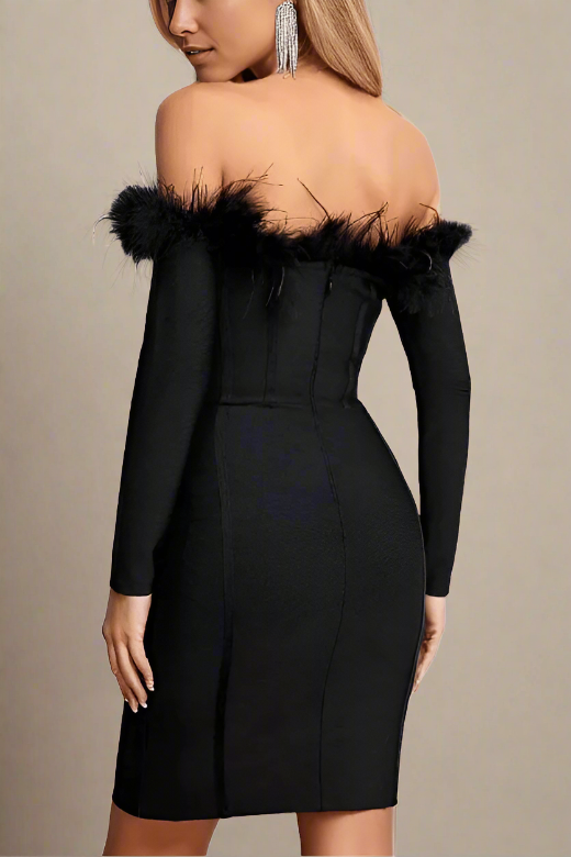 Woman wearing a figure flattering  Erin Long Sleeve Off Shoulder Bodycon Mini Dress - Classic Black BODYCON COLLECTION
