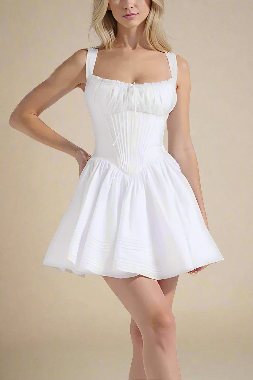 Woman wearing a figure flattering Estelle Bodycon Mini Dress - White Pearl BODYCON COLLECTION Pty Ltd
