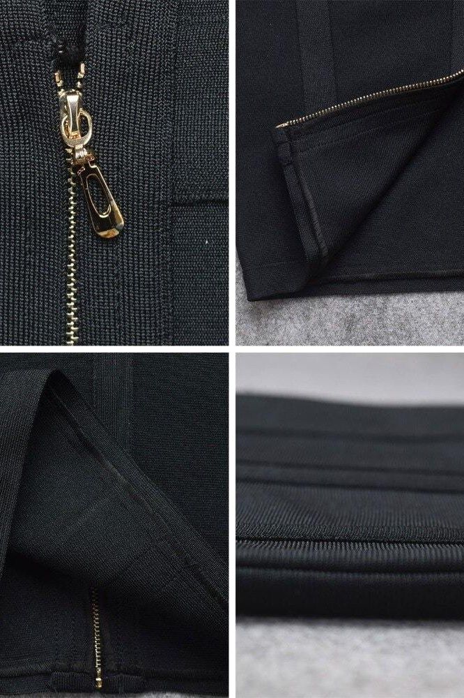 Woman wearing a figure flattering Eva Long Sleeve Bandage Mini Dress - Classic Black BODYCON COLLECTION