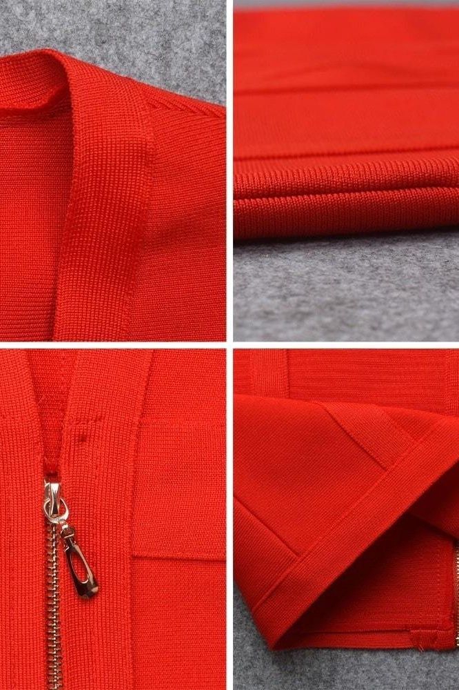 Woman wearing a figure flattering  Eva Long Sleeve Bandage Mini Dress - Lipstick Red BODYCON COLLECTION