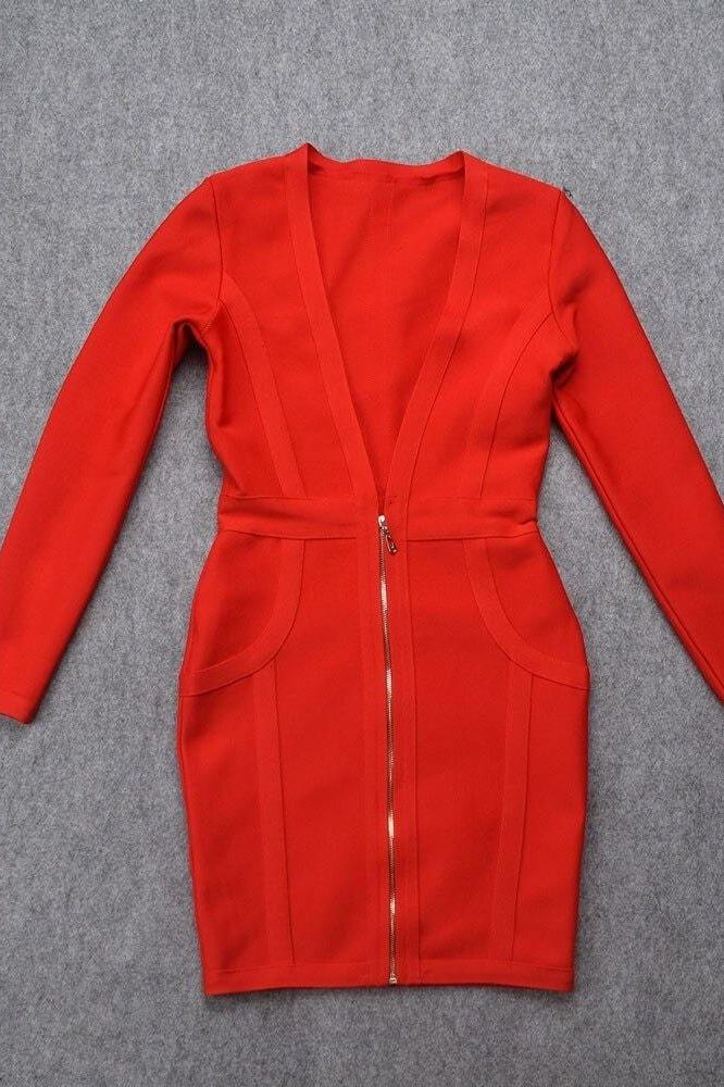 Woman wearing a figure flattering  Eva Long Sleeve Bandage Mini Dress - Lipstick Red BODYCON COLLECTION