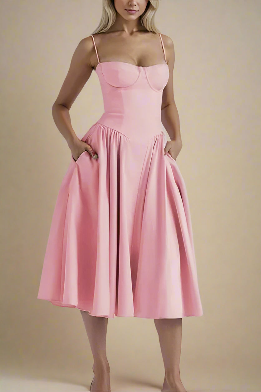 Woman wearing a figure flattering Everly Bodycon Day Midi Dress - Blush Pink BODYCON COLLECTION