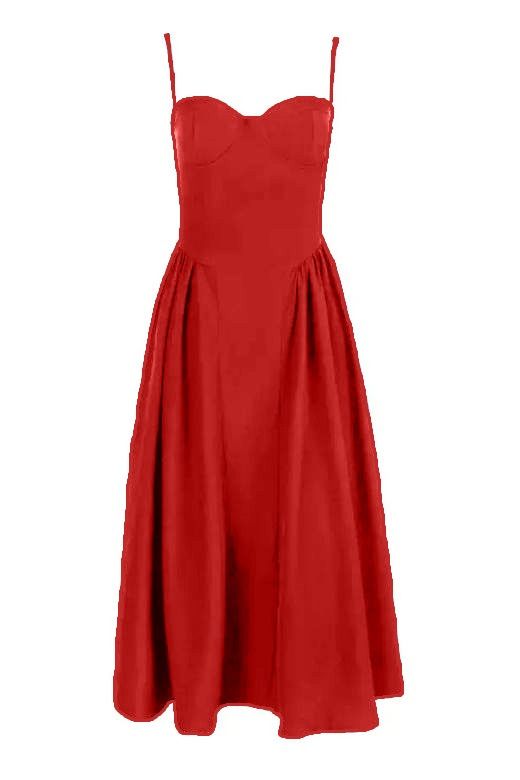 Woman wearing a figure flattering  Everly Bodycon Day Midi Dress - Lipstick Red BODYCON COLLECTION