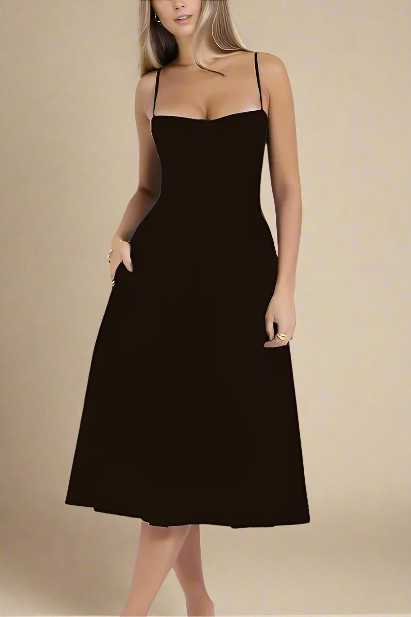 Woman wearing a figure flattering Everly Day Midi Dress - Classic Black BODYCON COLLECTION