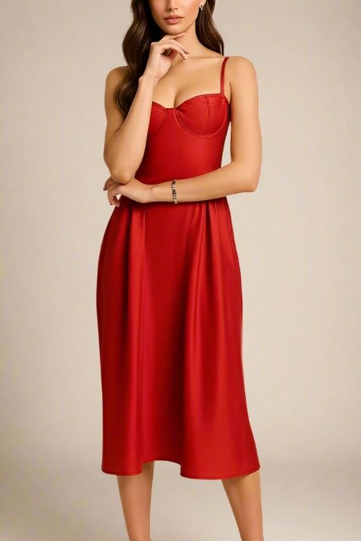 Woman wearing a figure flattering Everly Midi Dress - Lipstick Red BODYCON COLLECTION