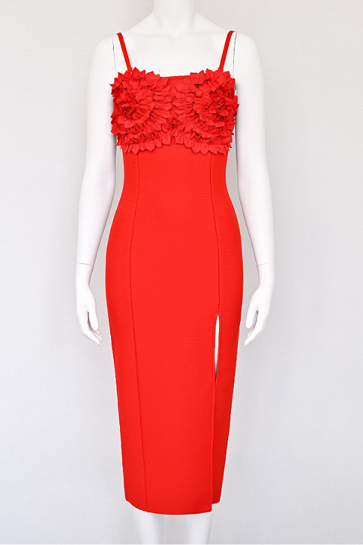 Woman wearing a figure flattering Faye Bandage Midi Dress - Lipstick Red BODYCON COLLECTION