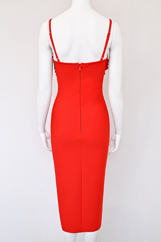 Woman wearing a figure flattering Faye Bandage Midi Dress - Lipstick Red BODYCON COLLECTION