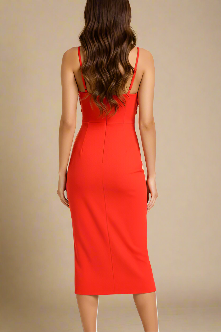 Woman wearing a figure flattering Faye Bandage Midi Dress - Lipstick Red BODYCON COLLECTION