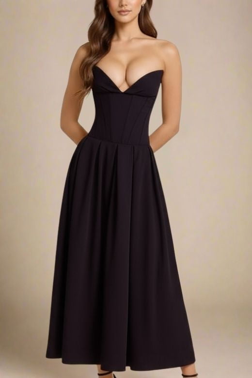 Woman wearing a figure flattering Gabbi Bodycon Midi Dress - Classic Black BODYCON COLLECTION