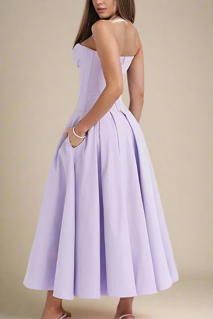 Woman wearing a figure flattering Gabbi Bodycon Midi Dress - Lavender Purple BODYCON COLLECTION