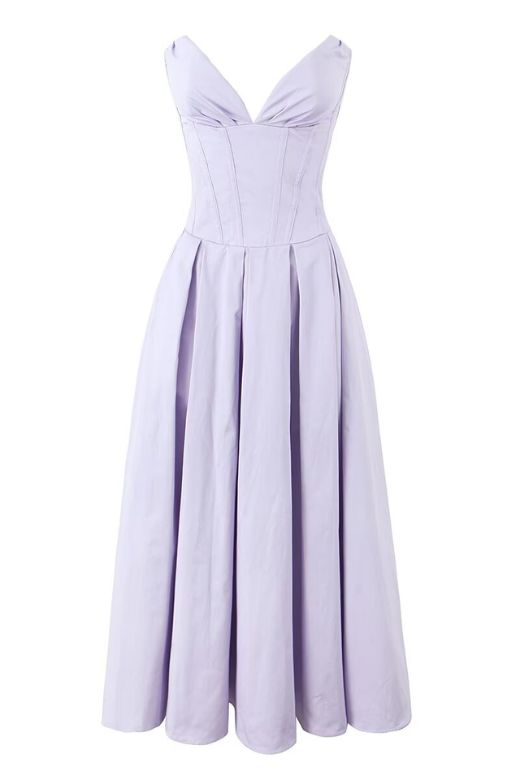 Woman wearing a figure flattering Gabbi Bodycon Midi Dress - Lavender Purple BODYCON COLLECTION